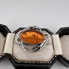 Sterling Silver 925 Natural Large Oval Baltic Amber Leaf Brooch Pin 8.5g