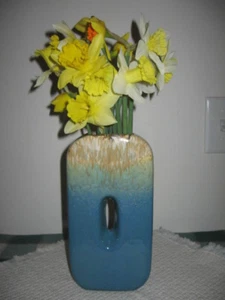 Vintage Peacock Blue & Brown Drip Art Pottery Vase Oblong with Oval Hole 9.25" T - Picture 1 of 11