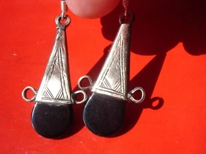 Orecchini Niger Tuareg NERI agata incisi a mano + ganci argento L35 mm - Foto 1 di 4