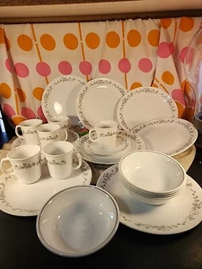 20 pc Set Corelle Ribbon Bouquet Pattern Cups, Plates, Bowls Corning Ware USA    - Picture 1 of 13