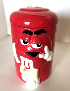 M&M's Red Galerie Ceramic Cookie or Candy Jar w/Lid 3-Dimensional Thumbs Up - Picture 1 of 4