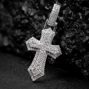 Men's VVS Moissanite White Gold 925 Sterling Silver Iced Cross Pendant - Picture 1 of 5