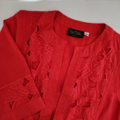 Chaqueta Bob Mackie Rojo Mezcla Lino Bordada Frente Abierto Manga 3/4 M Foto 1 de 4