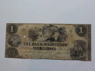 Currency Note 1854 1 Dollar Bill The Bank Of Washtenaw Ann Arbor Michigan Money  - Image 1 of 2