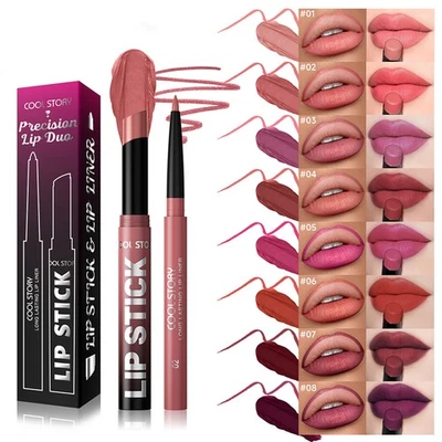 2Pc Lipgloss Set Lip Tint Maker Lip Liner Pen Long Lasting Matte Lipstick 8Color - Image 1 of 4