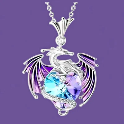 LAVANDA DRAGÓN Y CORAZÓN CRISTAL COLGANTE ACERO INOXIDABLE CADENA COLLAR WYVERN Q2 Foto 1 de 4