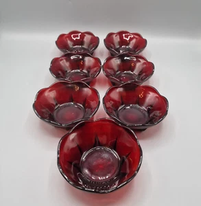 Vintage Set of 7 Anchor Hocking Ruby Red Glass Scalloped Rim Berry Bowls - Picture 1 of 21