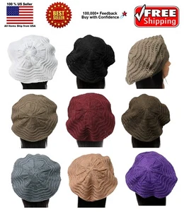 Women Winter Warm Knit Crochet Beret Braided Baggy Beanie Hat Cap - Picture 1 of 25