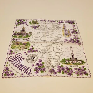 Vintage Franshaw Handkerchief Illinois State Souvenir Hanky Map Purple Floral - Picture 1 of 8