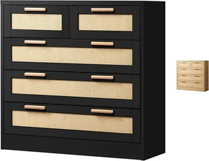 Dresser with 5 Drawers Hallway Tallboy, Rattan Chests of Drawers with Handles, B - Picture 1 of 12
