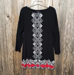 Style Co M Shift Mini Dress Black White Red Beaded Lace Trim Stretch Long Sleeve - Picture 1 of 6
