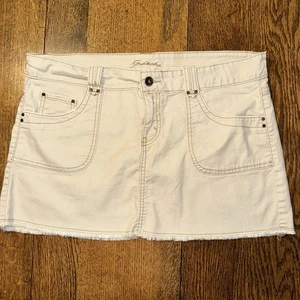 Vtg Jordache Mini Skirt Tan Khaki Stretch Denim Raw Hem 13/14 Micro 90s Preppy - Picture 1 of 13