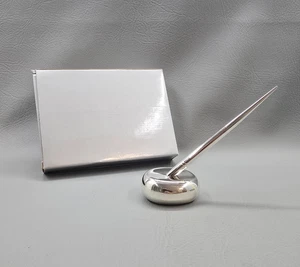 VTG Polished Silver Plated Sculptural Pen Holder Paperweight Slim Ballpoint Pen - Picture 1 of 14