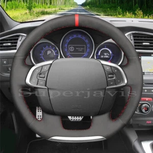 Custom Black PU Leather Red Strip Steering Wheel Stitch on Cover For Citroen C4 - Picture 1 of 12