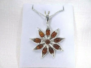 Natural Cognac Baltic Amber Flower Style Solid Sterling Silver Necklace - Picture 1 of 12