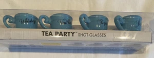 Tea Party Shot Glasses Set of 4 Blue Ceramic Tea Cups Whiskey Vodka Tequila Rum - Picture 1 of 4