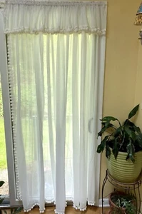 Pair VTG Sears Sheer White Panel Curtains Pom Pom Fringe Attached Valance 135x80 - Picture 1 of 11