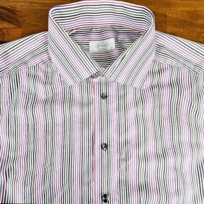 Camisa social masculina Eton Of Sweden 42 16.5 listrada rosa negócios casual contemporânea - Imagem 1 de 4