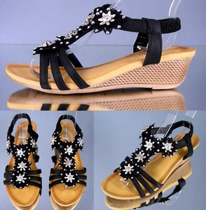 Damen Keil Sandaletten mit 4cm Keilabsatz Wedge Glitzer Blumen Sommerschuhe - Bild 1 von 5