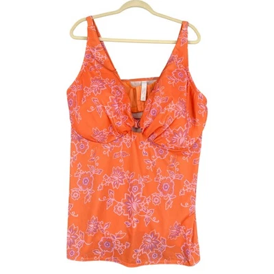 SWIM BY Cacique Orange Pink Floral V-Neck Cinched Front Tankini Top 42H - Image 1 of 4