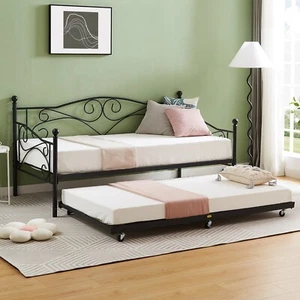 Twin Trundle Bed Metal Mattress Foundation Under Daybed Slat Support Rollers - Picture 1 of 19