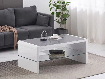 Coffee Table White High Gloss 2 Tier Grey Glass Top Designer Rectangle Home