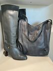 COBBIES Women's VTG 70s US 7N Gray Leather Knee High Side Zip Go Go Boots +Purse