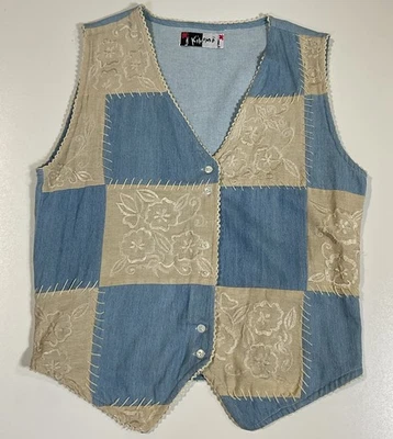 Vintage Kikomo Denim Patchwork Vest Sz M Boho Hippie Flowers Cottagecore 80s - Image 1 of 4