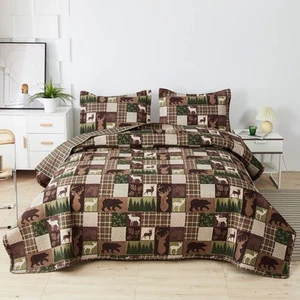 Lodge Bedspread Twin Size with 2 Shams Moose Bear Lightweight Reversible Rust... - Picture 1 of 7