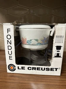 RARE Le Creuset Fondue Set White & Flowers 6 Forks Pot Lid Burner Stand NEW - Picture 1 of 24