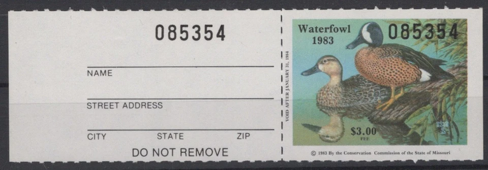 Missouri 5 with tab MNH VF State Hunting Permit Duck Revenue Zayix 0825SB1804 - Image 1 of 2
