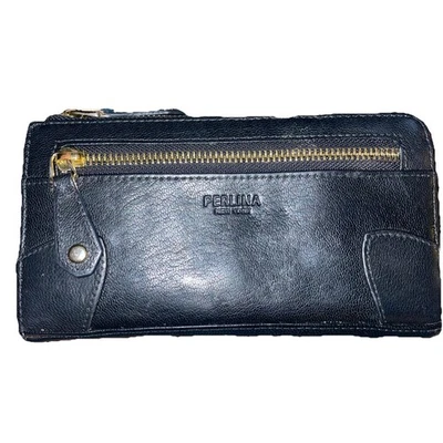 Carteira longa feminina Perlina couro preto com zíper cartões de crédito moeda dinheiro 7x4 polegadas - Imagem 1 de 4