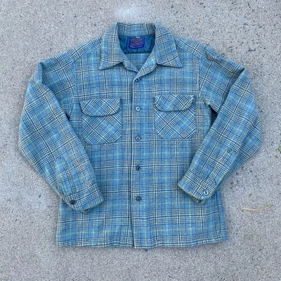 Camisa Pendleton Azul Vintage Años 40 50 Cuadros Lana Cuello Lazo Solapa Bolsillo S/M Foto 1 de 4