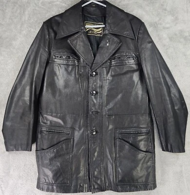 Chaqueta de cuero Montgomery Ward para hombre talla 40R abotonada manga larga años 80 vintage Foto 1 de 4