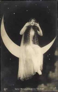 1906s Glamour Long Hair Lady Sitting on Crescent Moon Real Photo Postcard RPPC - Picture 1 of 2