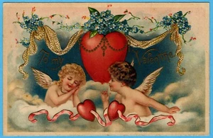 Alte geprägte Postkarte AN MEINEN VALENTINSTAG, Engel Amor, Herzen, Blumen - Bild 1 von 2