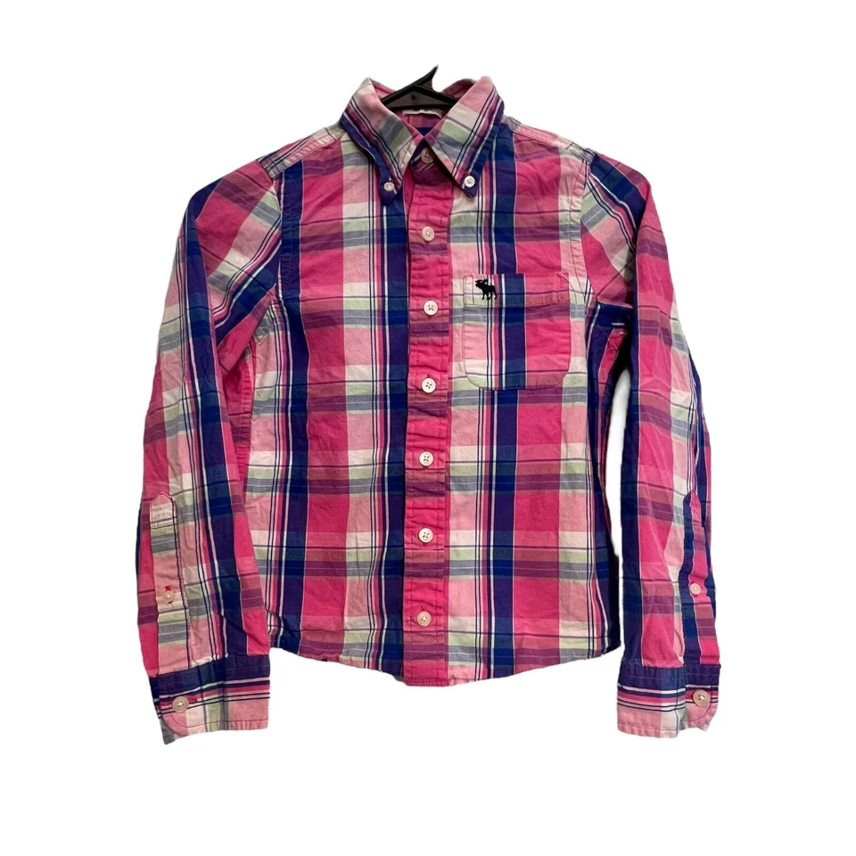 Camisa de vestir con botones Abercrombie para niños talla pequeña (8) rosa azul a cuadros  Foto 1 de 4