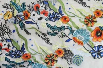 Embroidery Colorful Floral Tulle Lace Fabric DIY Bridal Wedding Dress Cloth 1YD - Image 1 of 4