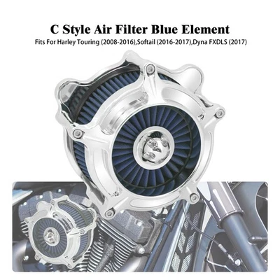 Filtro de ar turbina cromada entrada azul para Harley Road King Electra Glide 08-2016 - Imagem 1 de 4