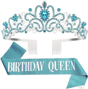 COCIDE Birthday Queen Sash & Crystal Tiara Kit - Silver Crown for 2 Blue - Picture 1 of 7