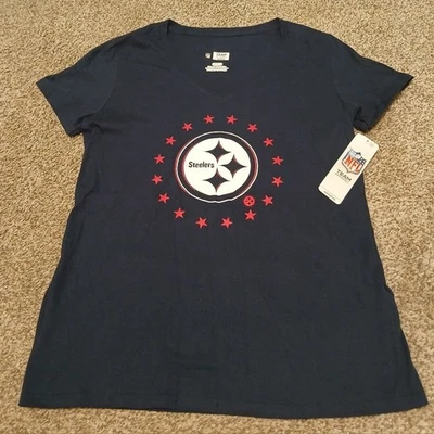 匹兹堡钢人队 V 领海军蓝和红色 NFL T 恤女式小号全新带标签 — 第 1/4 张图片