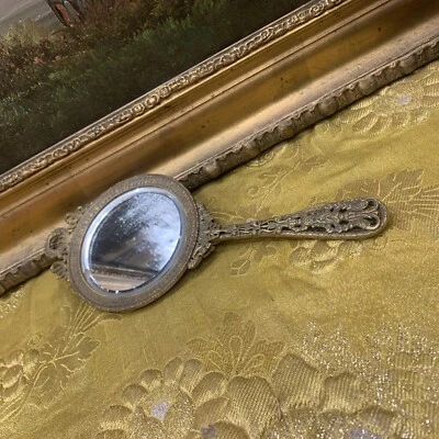 Ancien Miroir Face À Main Glace En Bronze Doré Style Empire Époque Fin  XIXe - Photo 1/4