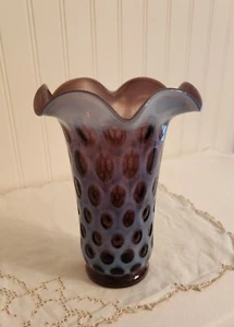 Fenton Plum Purple Opalescent Vintage Coin Dot Thumbprint Ruffled Rim 8” Vase - Picture 1 of 10