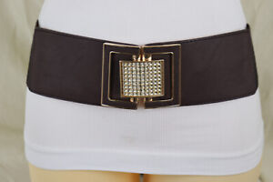 Women Pink Red Brown Color Elastic Fashion Belt Gold Square Buckle Fit Size S M