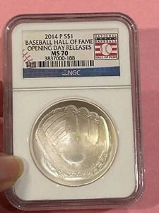 2014-P $1 SILVER BASEBALL HALL OF FAME NGC MS 70 OPENING DAY RELEASE - Picture 1 of 4