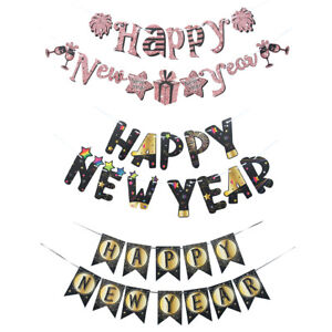 Happy New Year Banner Black Gold Letter New Year Garland Hanging Flag Party Deco