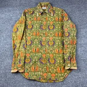 Vintage Button Up Shirt Men's Sz 36 Green Indian Print  Cuture Single Stitch - Picture 1 of 7