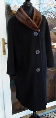 Винтажный 100% кашемир черный пальто с темно коричневый норковый воротник M/L красивый - Изображение 1 из 4