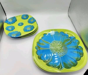 Andy Warhol Melamine Precidio Blue Floral Green Plates 2 Dinner 6 Salad Snack - Picture 1 of 6