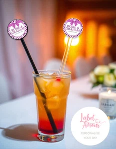 PERSONALISIERTE Schleife Hochzeit Gastgeschenk klar Cocktail Rührstäbchen Swizzle 12er Pack - Bild 1 von 3